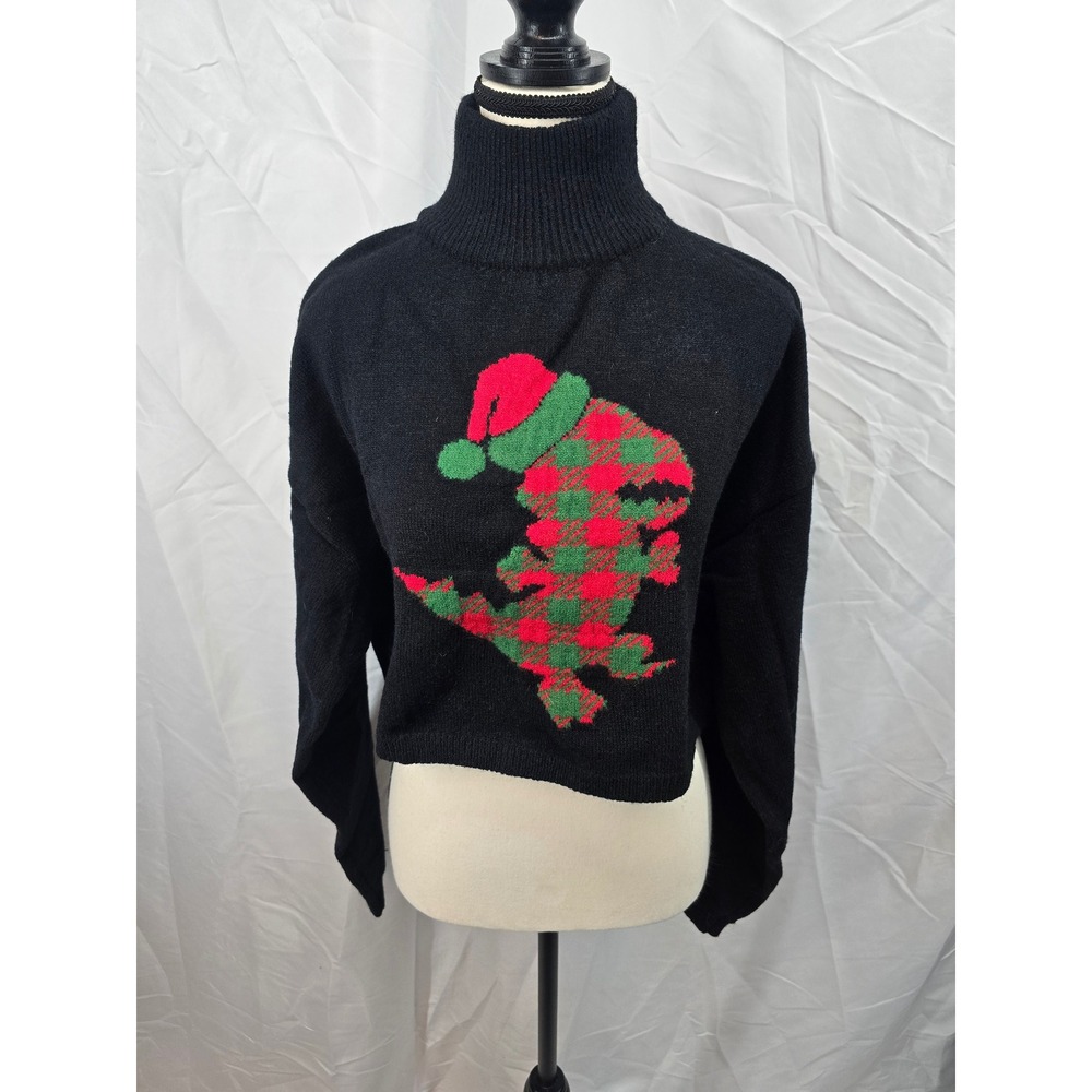 CIDER Black Dino Santa Hat Plaid Christmas Turtleneck Cropped Sweater M